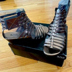 Ladies pewter wedge strappy sandal